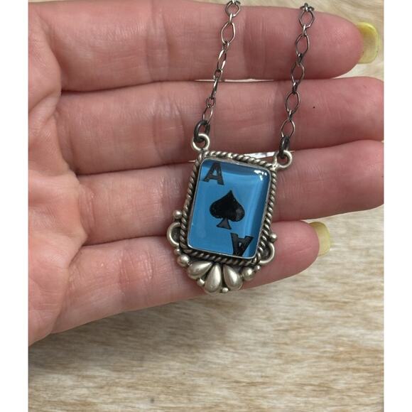 Southwest Jewelry - Native American SW Sterling Silver Ace Spades Card Necklace Gamble Texas Holdem